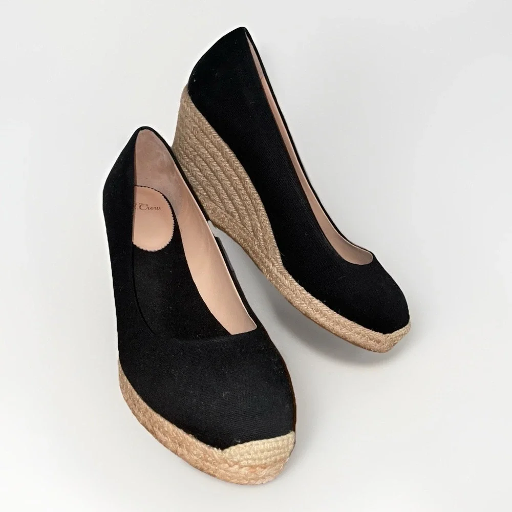 J. Crew Black Canvas Espadrille Wedge Heeled Shoes Size: 10 Excellent Condition‎